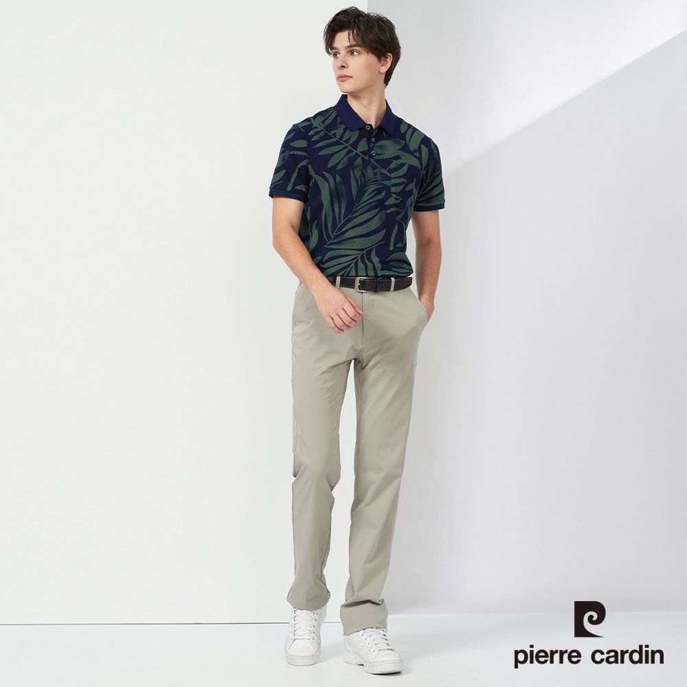 Pierre Cardin 皮爾卡登  男裝 純絲光棉葉子印花短袖POLO衫-深藍色 (5237218-38)