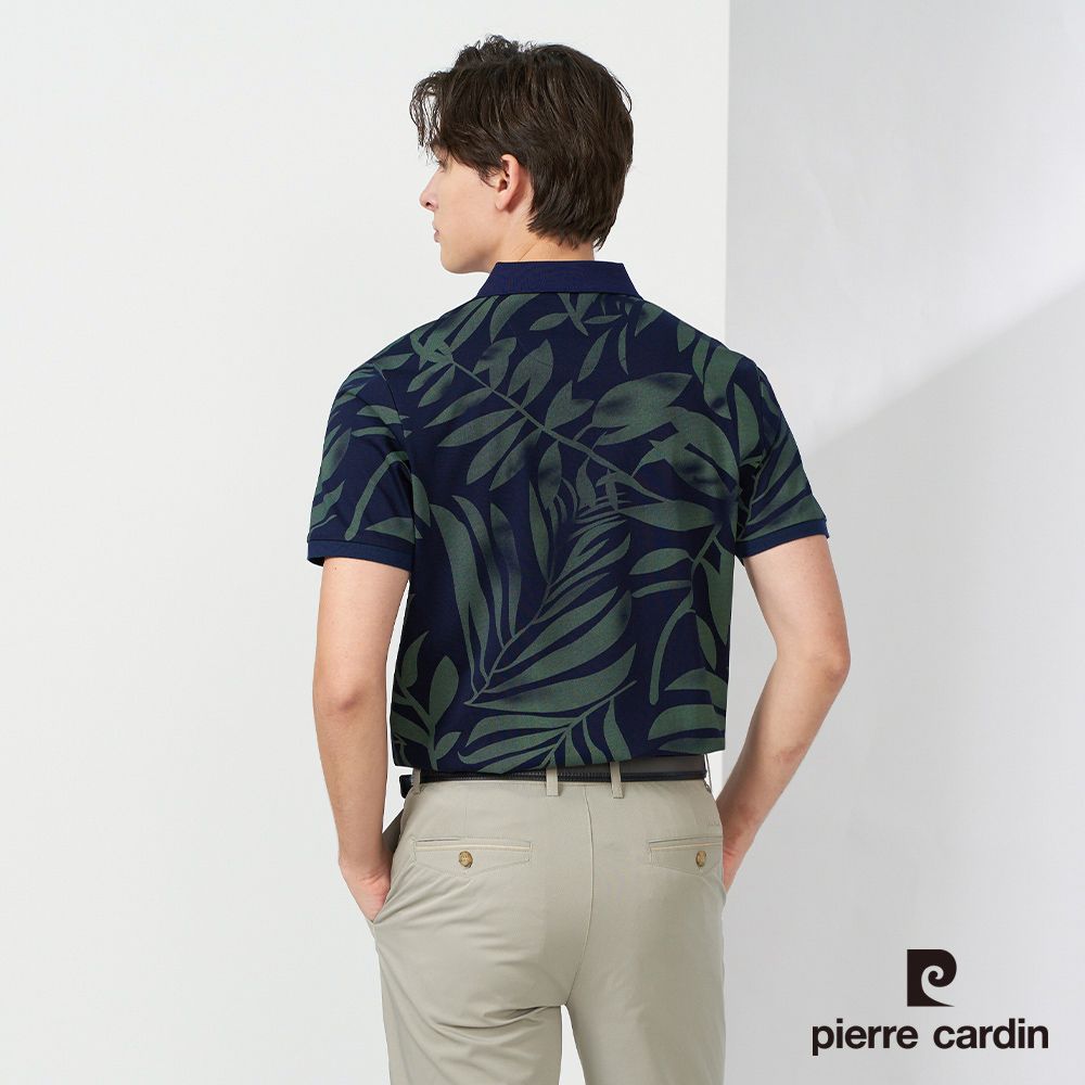 Pierre Cardin 皮爾卡登  男裝 純絲光棉葉子印花短袖POLO衫-深藍色 (5237218-38)