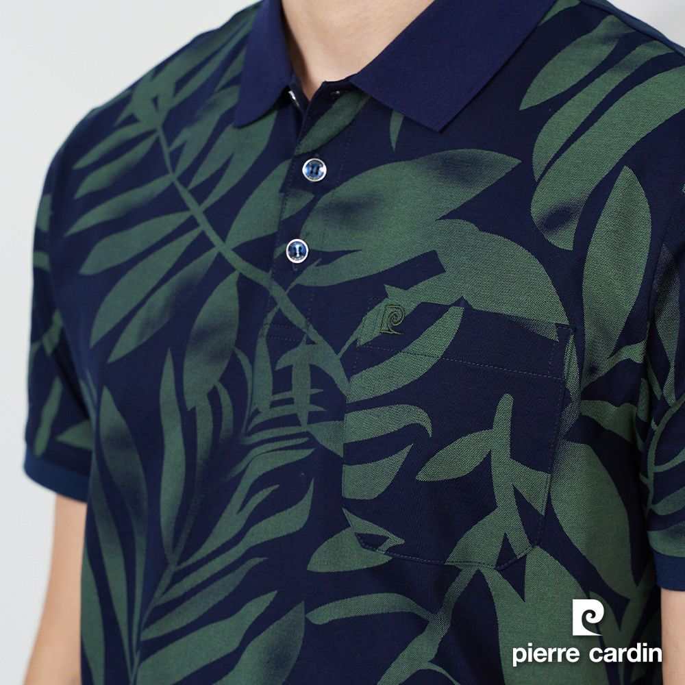 Pierre Cardin 皮爾卡登  男裝 純絲光棉葉子印花短袖POLO衫-深藍色 (5237218-38)