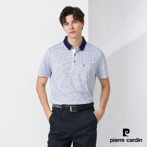 【Pierre Cardin皮爾卡登】 男裝 細條印花短袖POLO衫-藍色 (5237251-37)