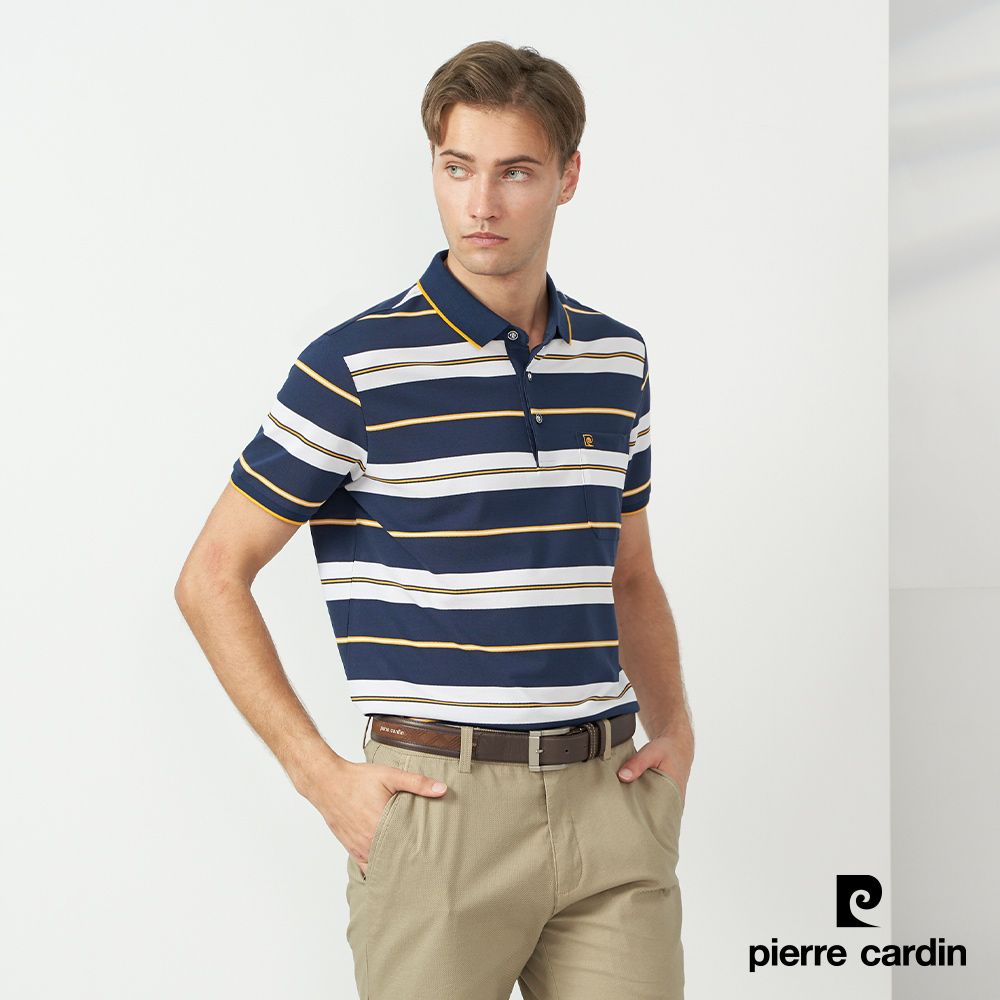 Pierre Cardin 皮爾卡登  男裝 橫條短袖POLO衫-深藍色 (5237262-37)