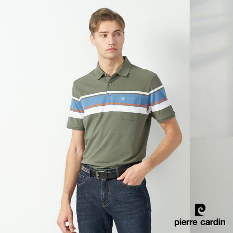 【Pierre Cardin皮爾卡登】 男裝 大定位橫條短袖POLO衫-綠色 (5237263-47)