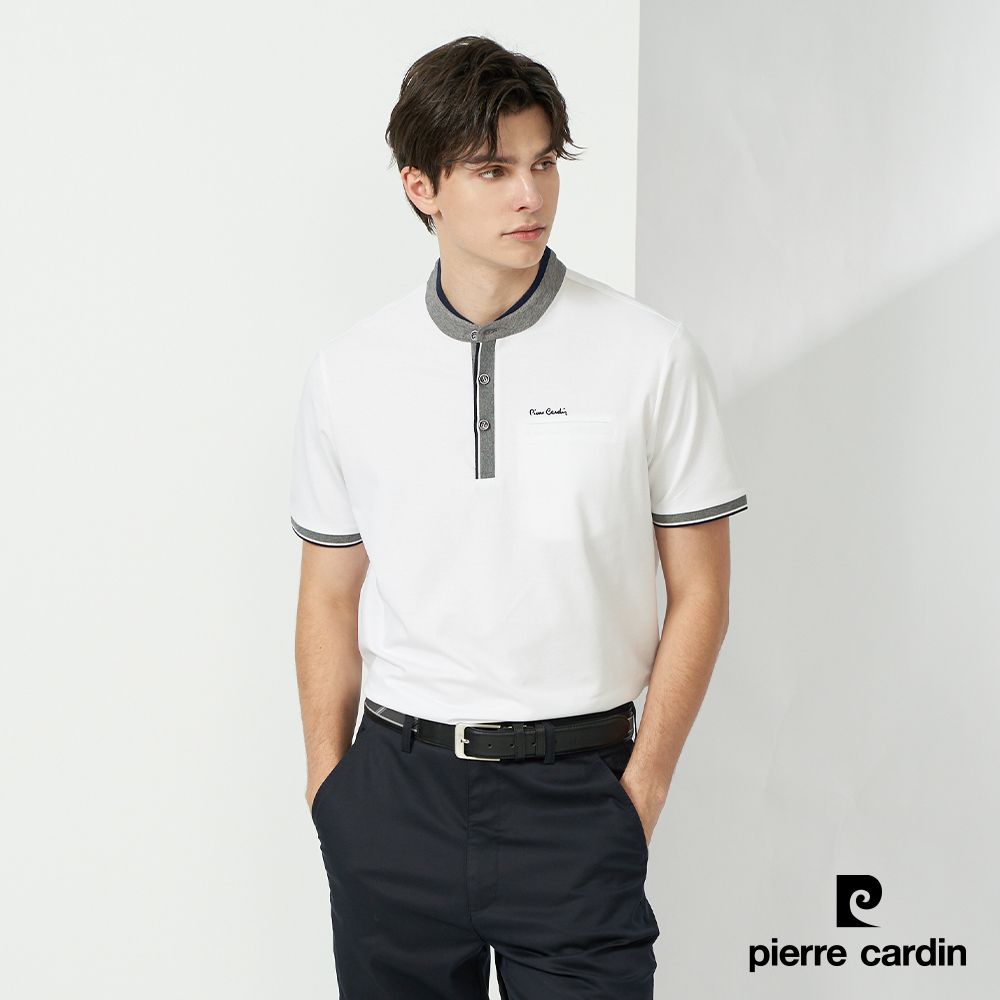 Pierre Cardin 皮爾卡登  男裝 素色小立領短袖polo衫-白色 (5237213-90)