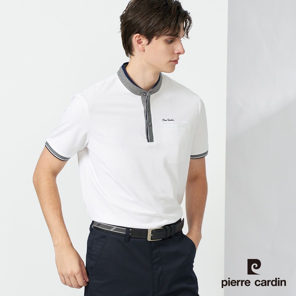 Pierre Cardin 皮爾卡登  男裝 素色小立領短袖polo衫-白色 (5237213-90)