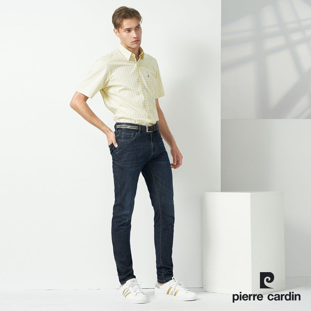 Pierre Cardin 皮爾卡登 男裝 純棉格紋短袖襯衫-淺黃色 (5237171-53)