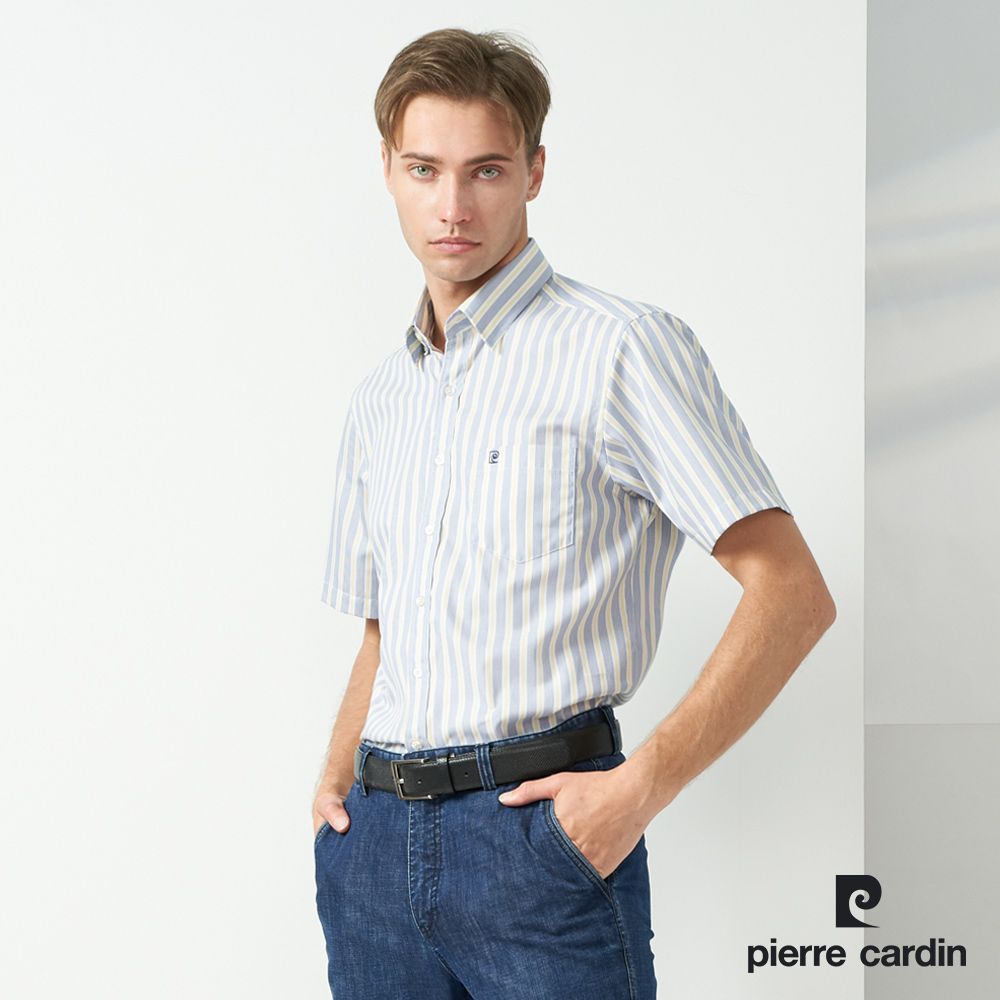 Pierre Cardin 皮爾卡登 男裝 純棉直條紋短袖襯衫-藍色 (5237172-36)