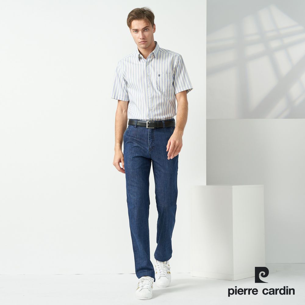 Pierre Cardin 皮爾卡登 男裝 純棉直條紋短袖襯衫-藍色 (5237172-36)