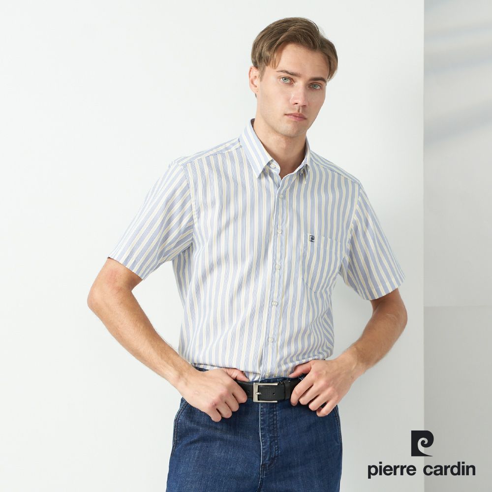 Pierre Cardin 皮爾卡登 男裝 純棉直條紋短袖襯衫-藍色 (5237172-36)