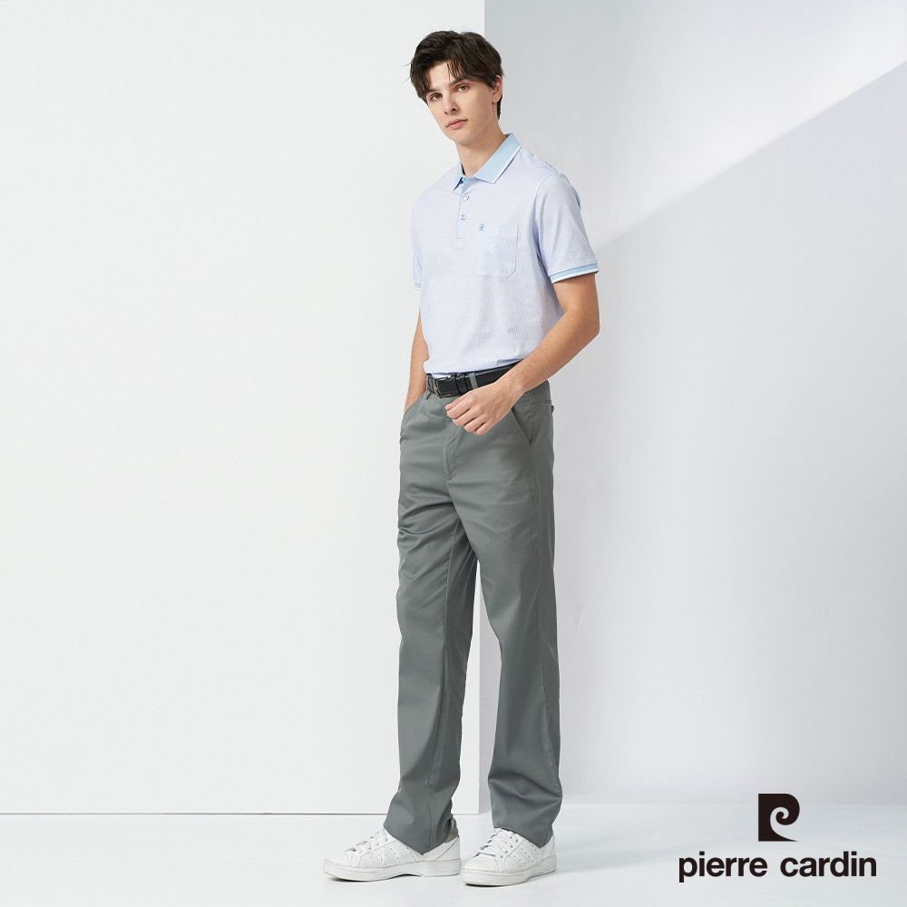 Pierre Cardin 皮爾卡登  男款 直條三角印花短袖POLO衫-水藍色 (5237266-35)