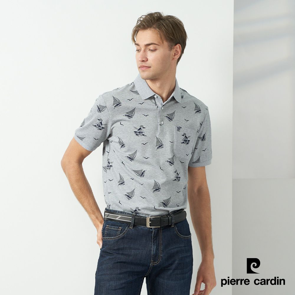 Pierre Cardin 皮爾卡登  男款 帆船印花短袖POLO衫-花灰色 (5237268-95)