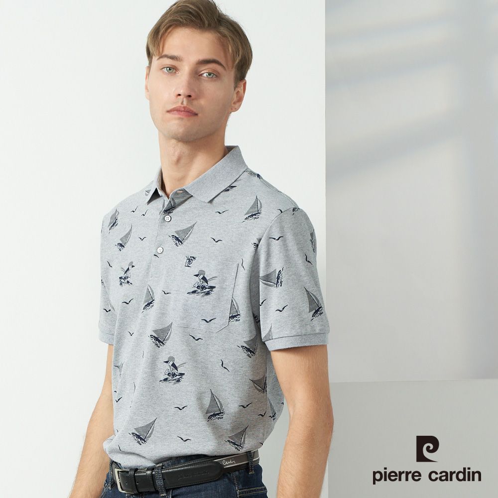 Pierre Cardin 皮爾卡登  男款 帆船印花短袖POLO衫-花灰色 (5237268-95)