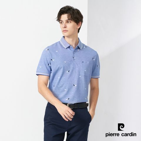 【Pierre Cardin皮爾卡登】 男款 雙色交織小馬匹印花短袖polo衫-藍色 (5237273-35)