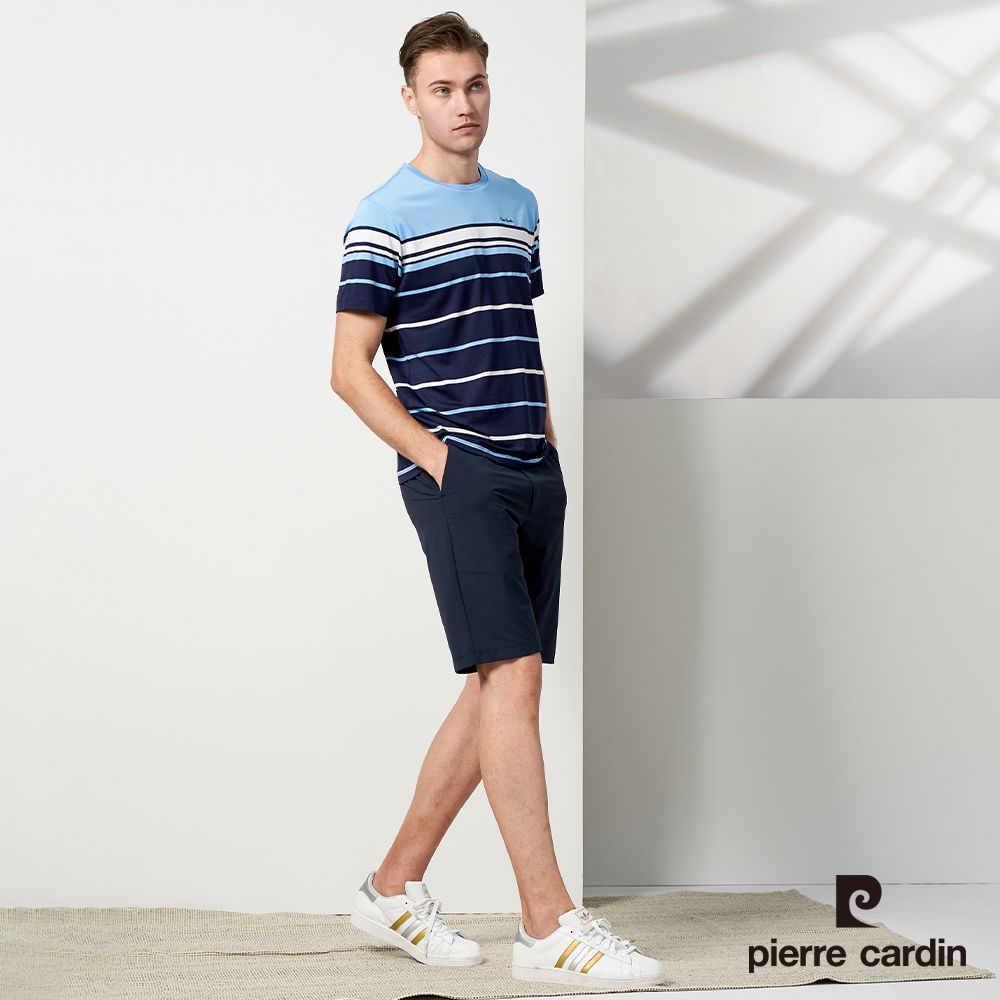 Pierre Cardin 皮爾卡登 男款 TOP單面橫條修身圓領T恤-丈青色 (5237280-38)