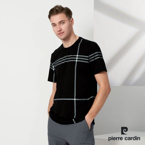 Pierre Cardin 皮爾卡登 男款 大定位格子印花圓領T恤-黑色 (5237281-99)