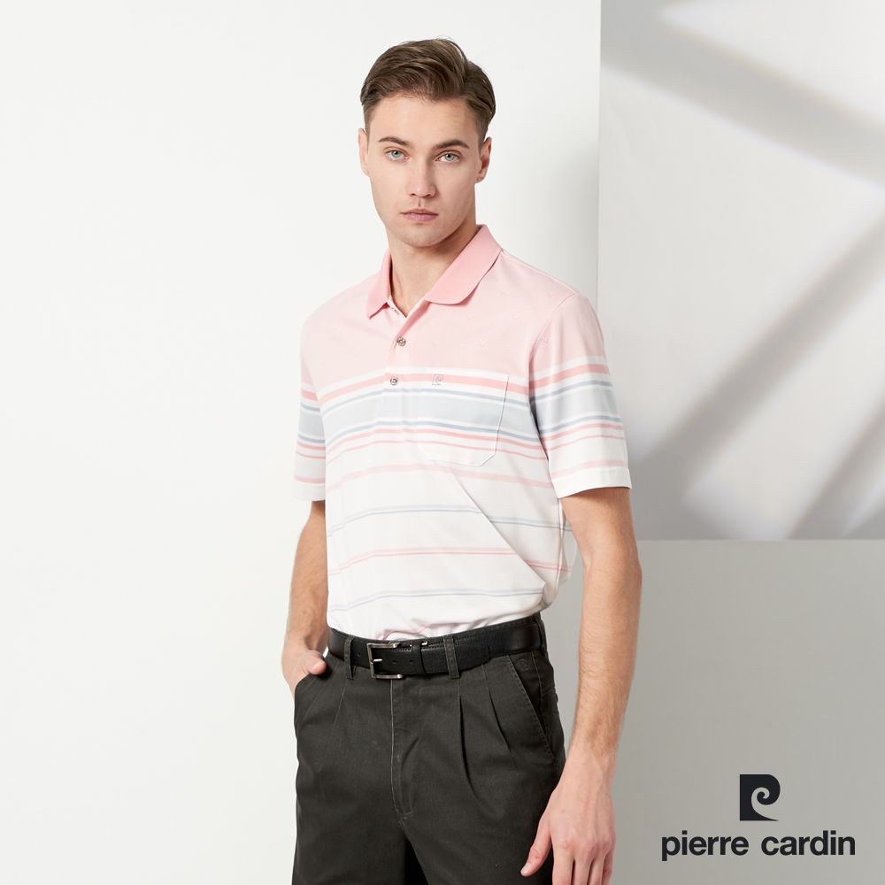 Pierre Cardin 皮爾卡登  男款 TOP定位橫條短袖POLO衫-淺粉桔 (5237292-65)