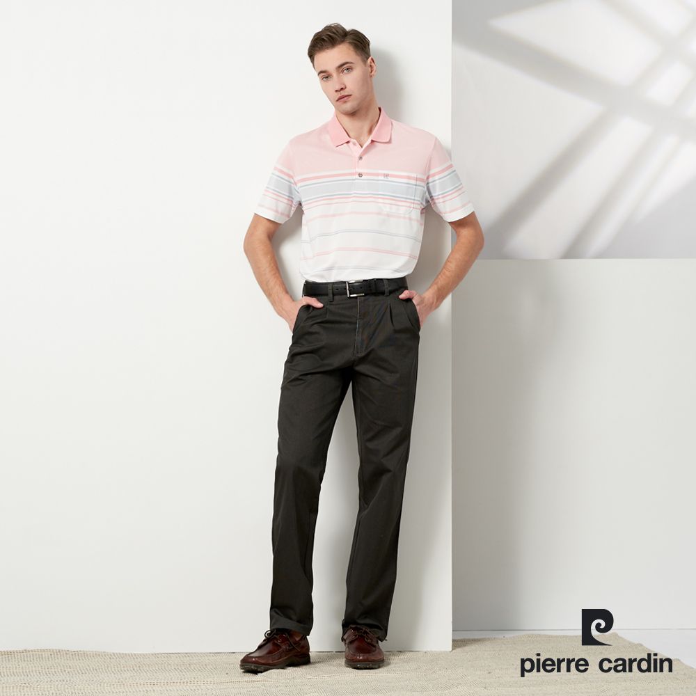 Pierre Cardin 皮爾卡登  男款 TOP定位橫條短袖POLO衫-淺粉桔 (5237292-65)