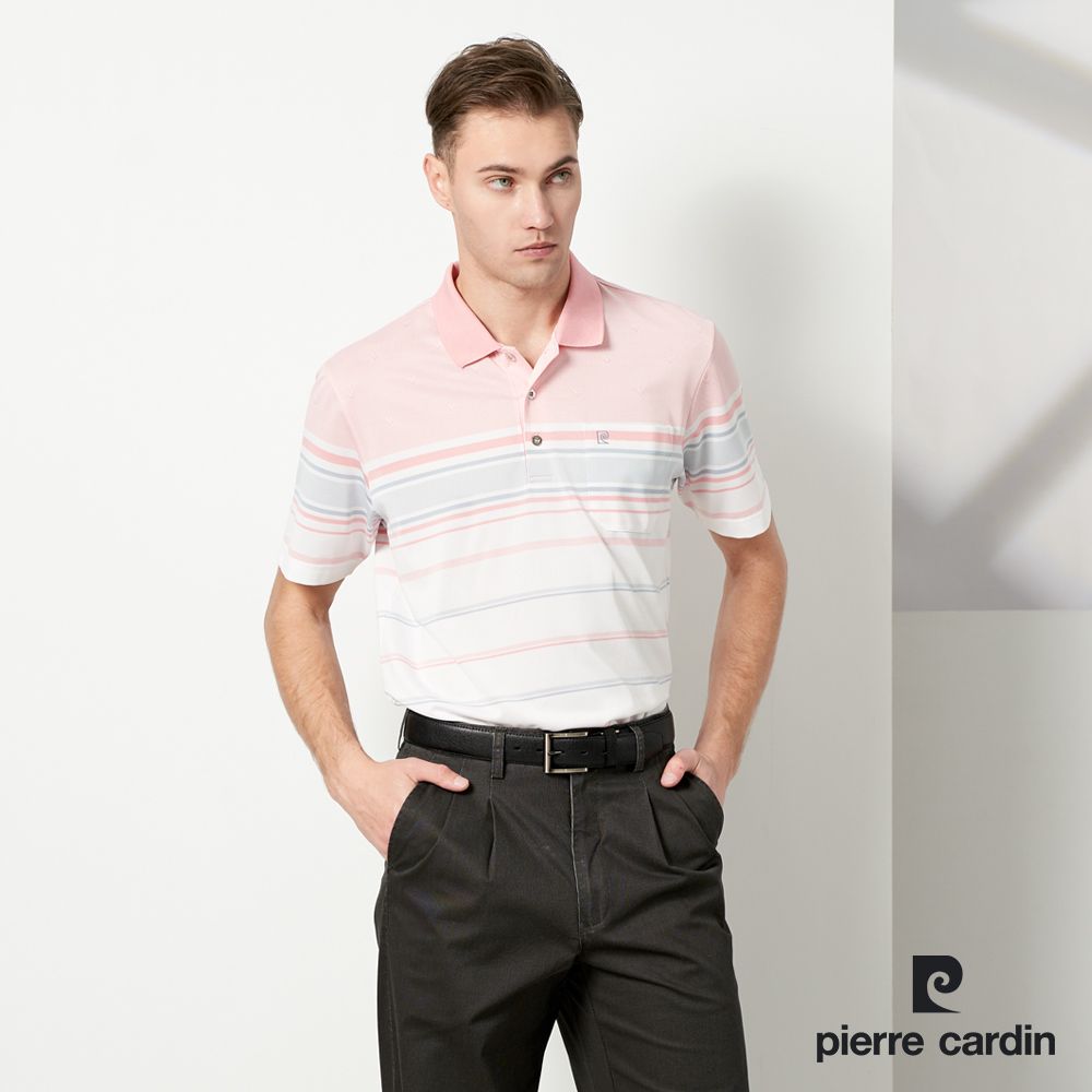 Pierre Cardin 皮爾卡登  男款 TOP定位橫條短袖POLO衫-淺粉桔 (5237292-65)