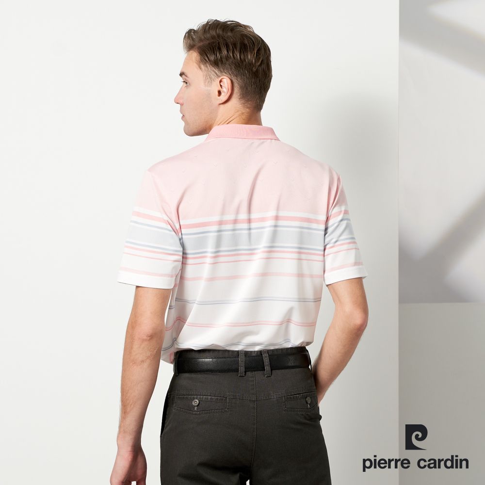 Pierre Cardin 皮爾卡登  男款 TOP定位橫條短袖POLO衫-淺粉桔 (5237292-65)