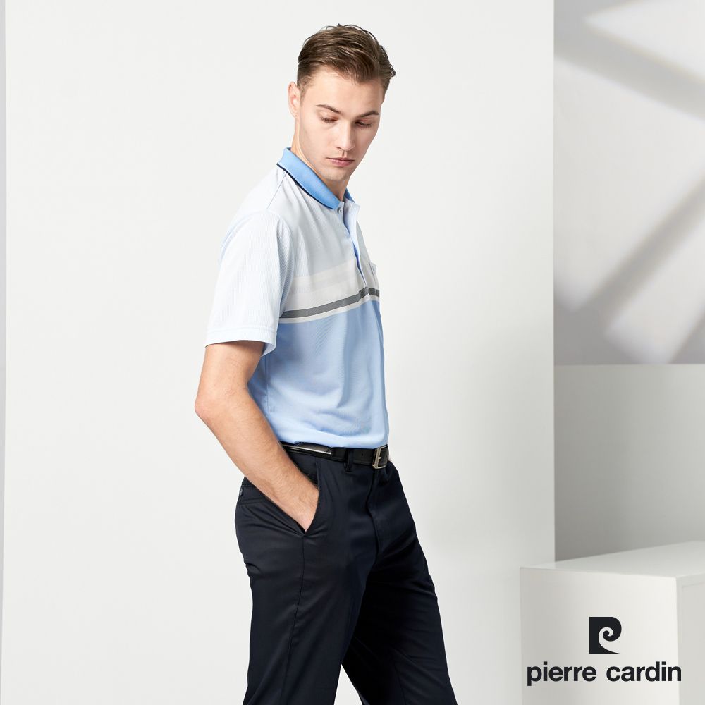 Pierre Cardin 皮爾卡登  男款 TOP組織定位條短袖POLO衫-天藍色 (5237294-35)