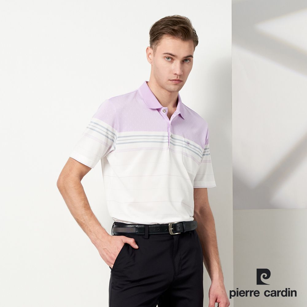 Pierre Cardin 皮爾卡登  男款 TOP定位橫條短袖POLO衫-紫色 (5237293-25)