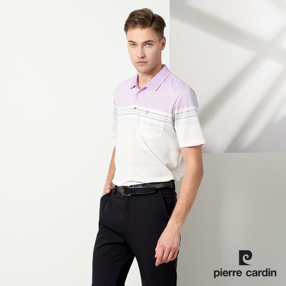 Pierre Cardin 皮爾卡登  男款 TOP定位橫條短袖POLO衫-紫色 (5237293-25)