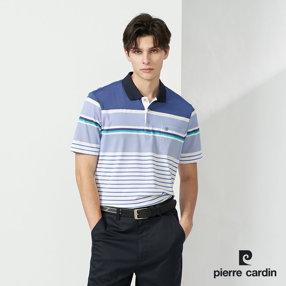 Pierre Cardin 皮爾卡登  男款 TOP組織定位條短袖POLO衫-藍色 (5237295-36)