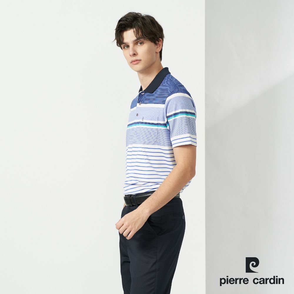 Pierre Cardin 皮爾卡登  男款 TOP組織定位條短袖POLO衫-藍色 (5237295-36)