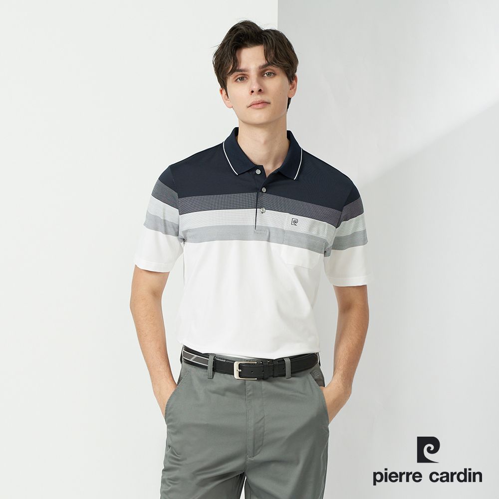 Pierre Cardin 皮爾卡登  男款 TOP定位橫條短袖POLO衫-深藍色 (5237297-38)