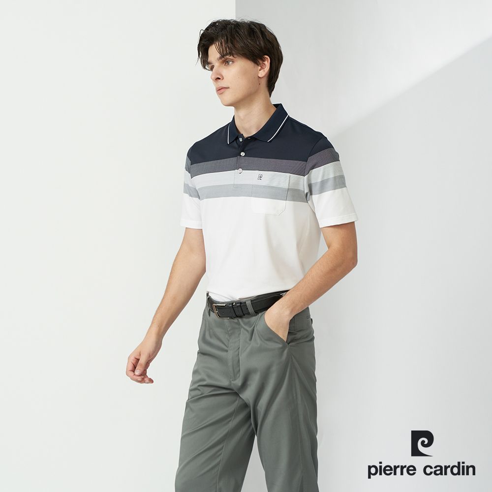 Pierre Cardin 皮爾卡登  男款 TOP定位橫條短袖POLO衫-深藍色 (5237297-38)