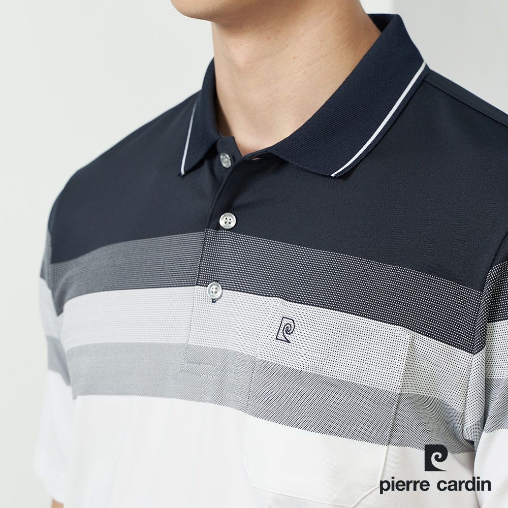 Pierre Cardin 皮爾卡登  男款 TOP定位橫條短袖POLO衫-深藍色 (5237297-38)