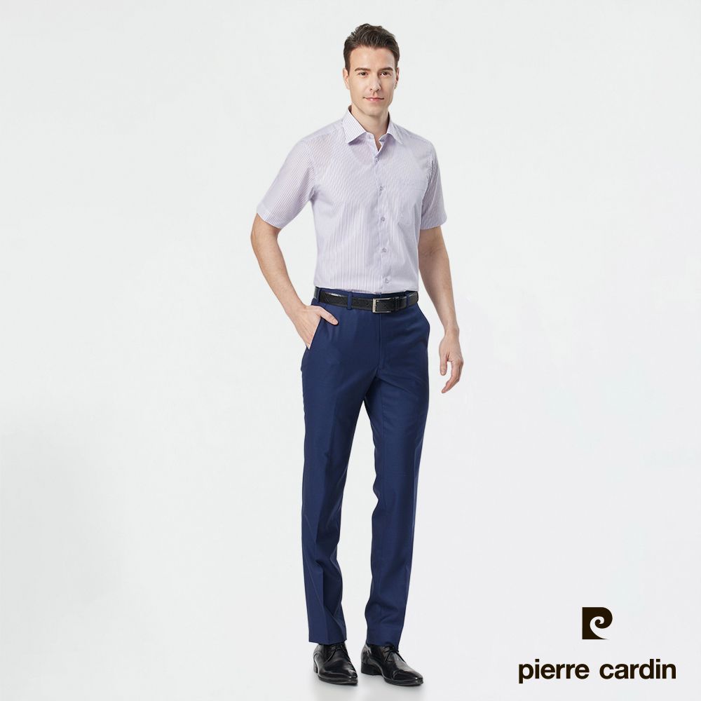 Pierre Cardin 皮爾卡登 男襯衫 棉混紡抗皺商務休閒條紋短袖襯衫_白底紫條(42252-21)