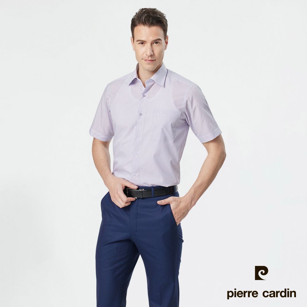 Pierre Cardin 皮爾卡登 男襯衫 棉混紡抗皺商務休閒條紋短袖襯衫_白底紫條(42252-21)