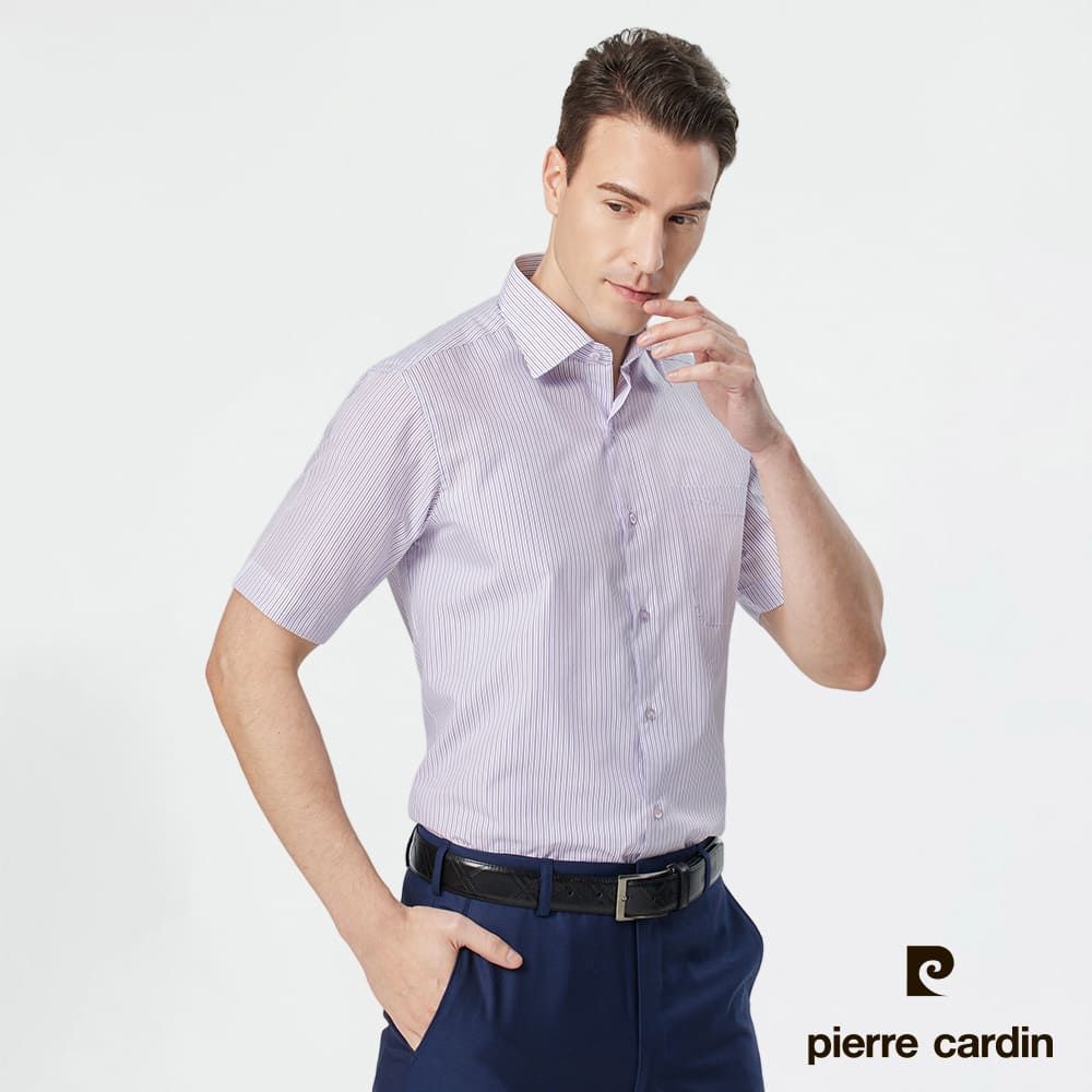 Pierre Cardin 皮爾卡登 男襯衫 棉混紡抗皺商務休閒條紋短袖襯衫_白底紫條(42252-21)