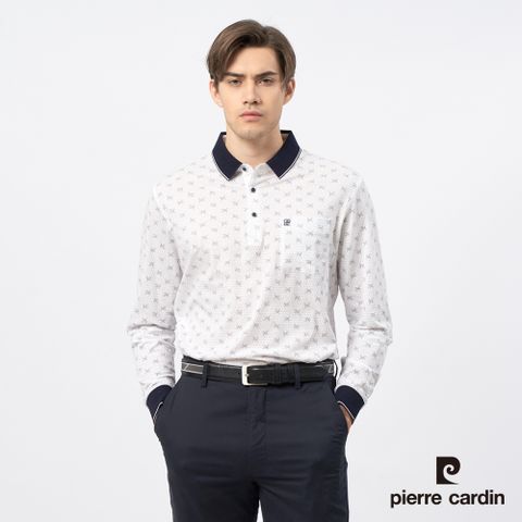 Pierre Cardin 皮爾卡登 男裝 純棉印花長袖POLO衫-白色 (5235209-90)