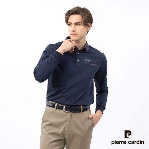 【pierre cardin皮爾卡登】男裝 棉質混紡素色長袖POLO衫-深藍色 (5235210-38)