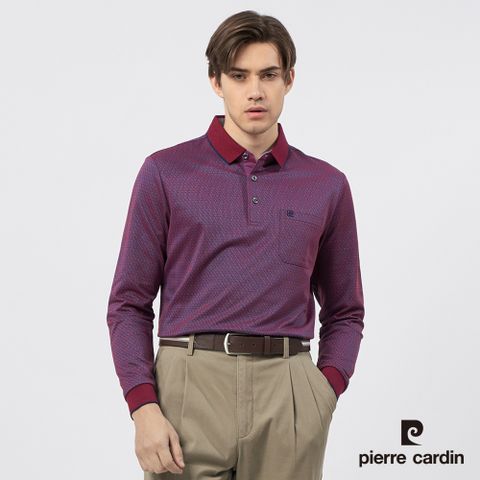 【pierre cardin皮爾卡登】男裝 棉質混紡印花長袖POLO衫-紫紅色 (5235211-78)