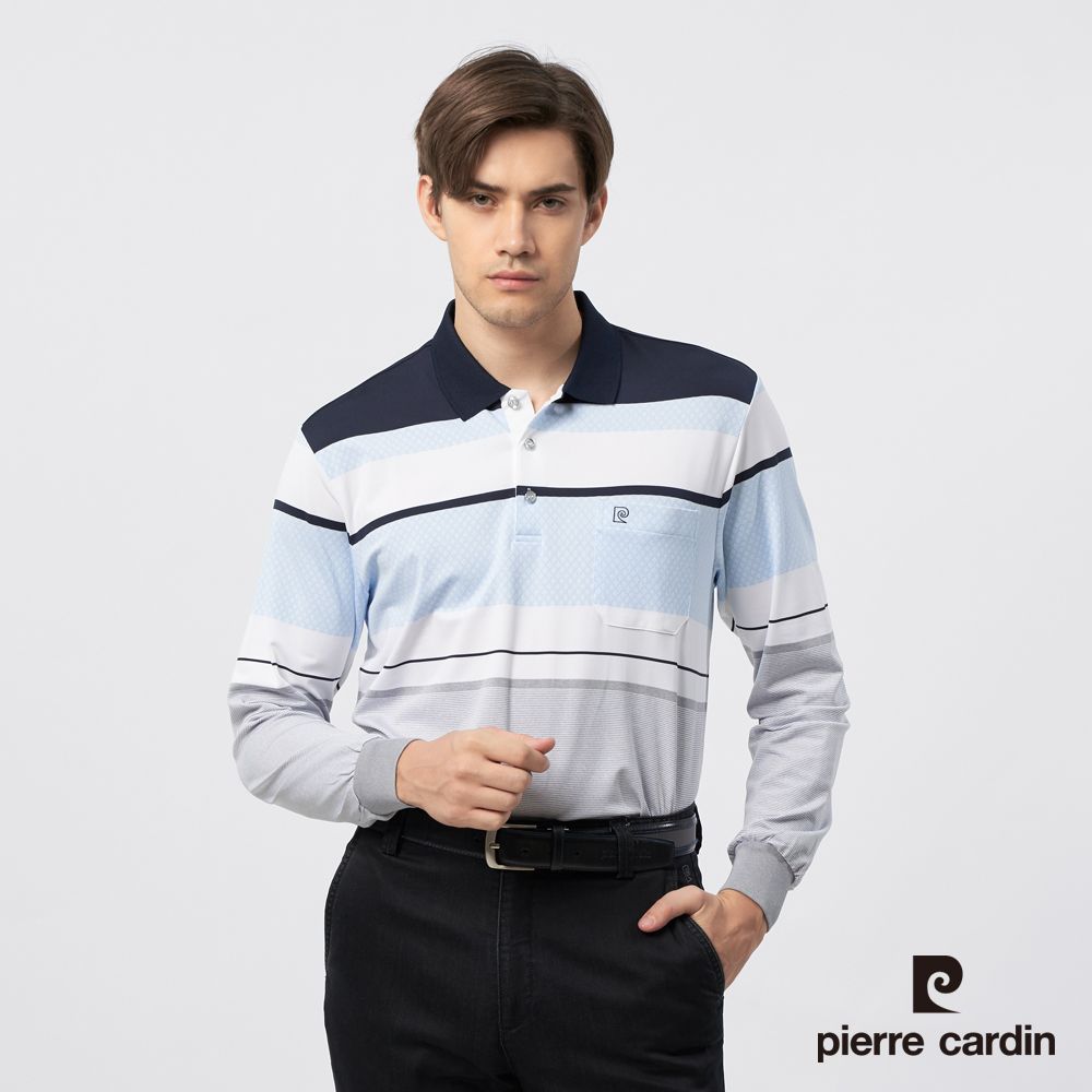 Pierre Cardin 皮爾卡登 男裝 吸濕排汗定位橫條長袖POLO衫-丈青色 (5235250-38)