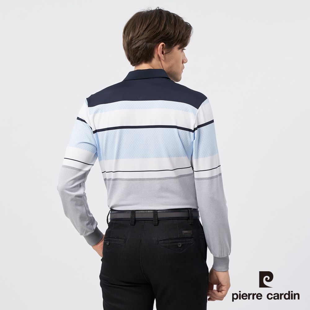 Pierre Cardin 皮爾卡登 男裝 吸濕排汗定位橫條長袖POLO衫-丈青色 (5235250-38)