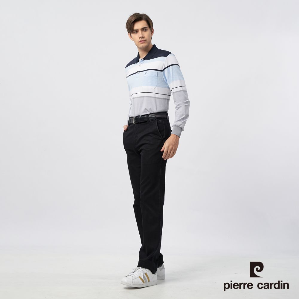 Pierre Cardin 皮爾卡登 男裝 吸濕排汗定位橫條長袖POLO衫-丈青色 (5235250-38)