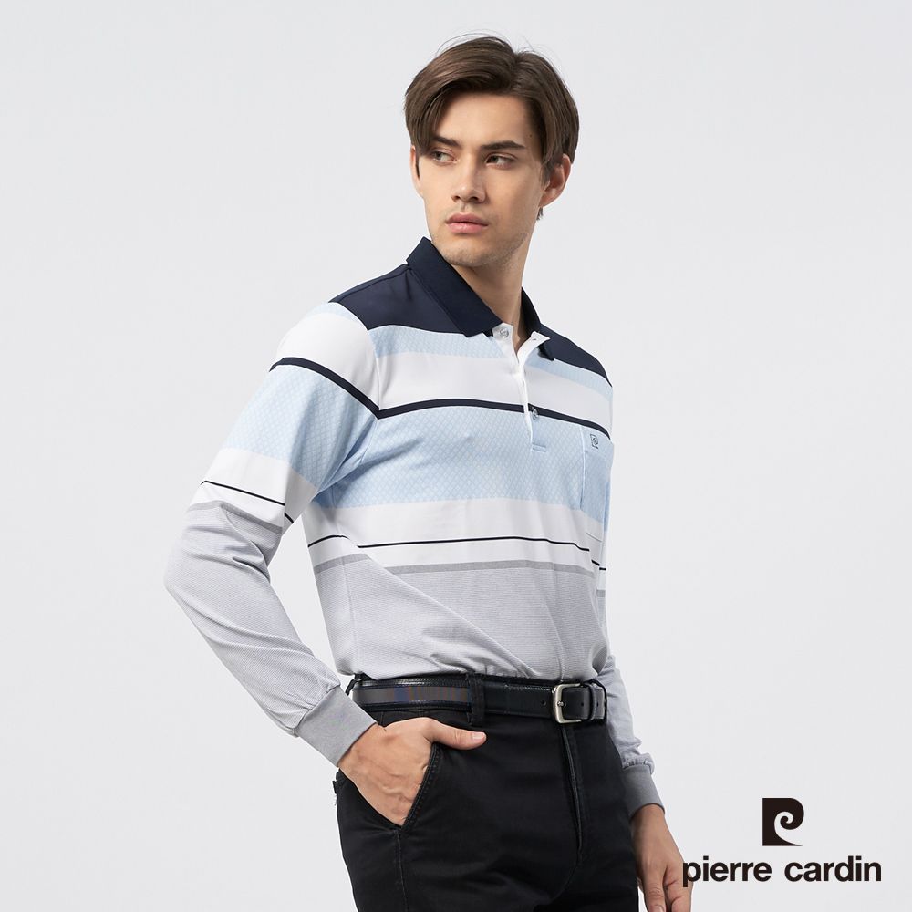 Pierre Cardin 皮爾卡登 男裝 吸濕排汗定位橫條長袖POLO衫-丈青色 (5235250-38)