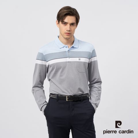 【pierre cardin皮爾卡登】男裝 吸濕排汗定位橫條長袖POLO衫-水藍色 (5235251-35)