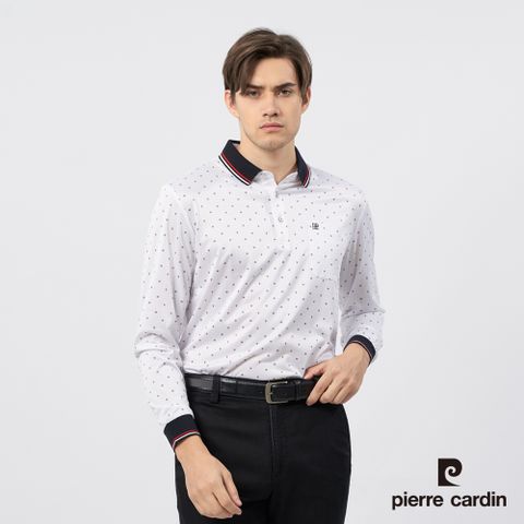 【pierre cardin皮爾卡登】男裝 小圖案印花長袖POLO衫-紅色 (5235255-78)