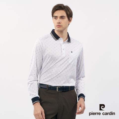 【pierre cardin皮爾卡登】男裝 小圖案印花長袖POLO衫-卡其色 (5235255-84)