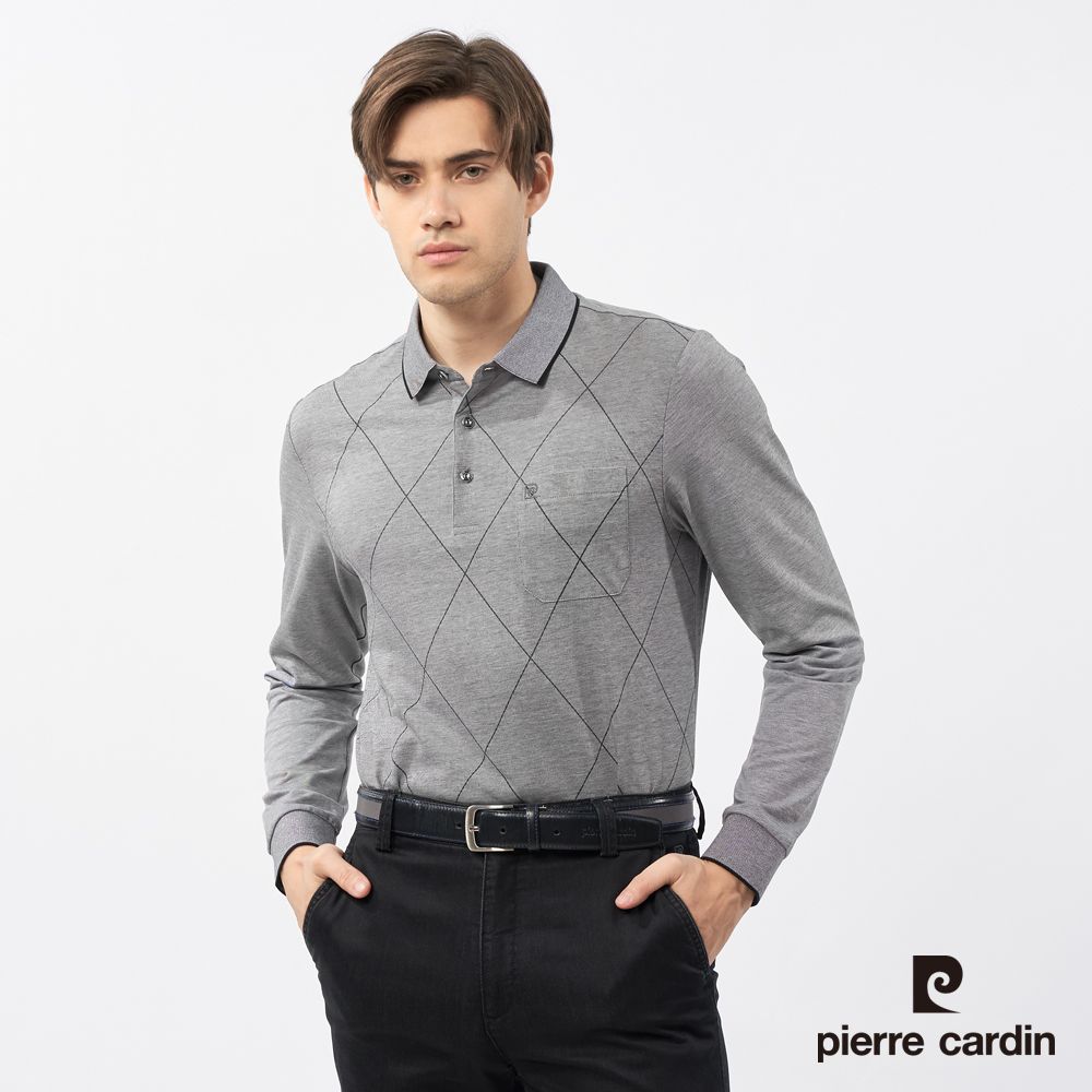 Pierre Cardin 皮爾卡登 男裝 大菱形格印花長袖POLO衫-深灰色 (5235257-98)