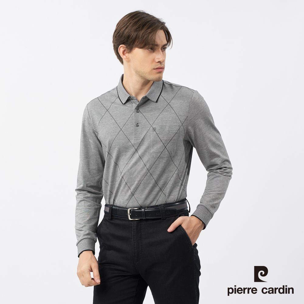 Pierre Cardin 皮爾卡登 男裝 大菱形格印花長袖POLO衫-深灰色 (5235257-98)