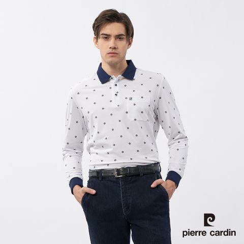 【pierre cardin皮爾卡登】男裝 圓點點印花長袖POLO衫-白色 (5235258-90)