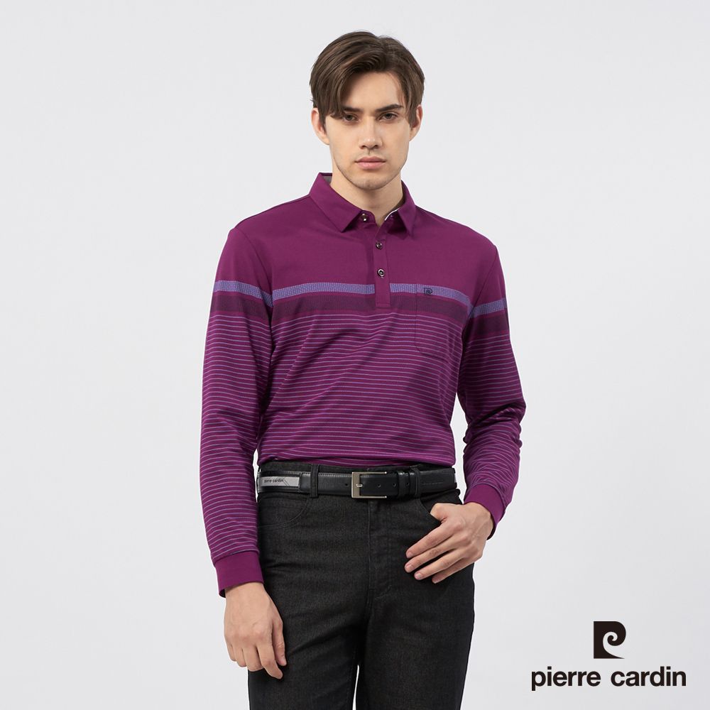 Pierre Cardin 皮爾卡登 男裝 定位橫條印花長袖POLO衫-紫紅色 (5235261-28)