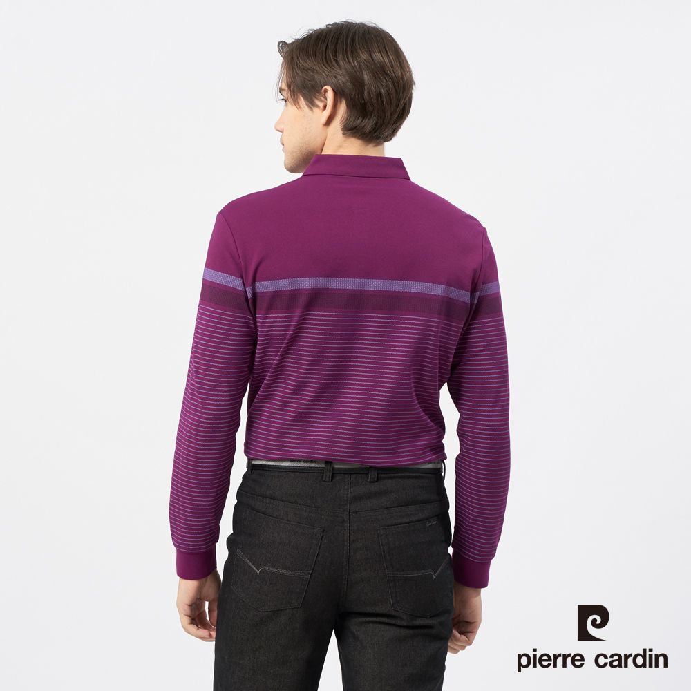 Pierre Cardin 皮爾卡登 男裝 定位橫條印花長袖POLO衫-紫紅色 (5235261-28)