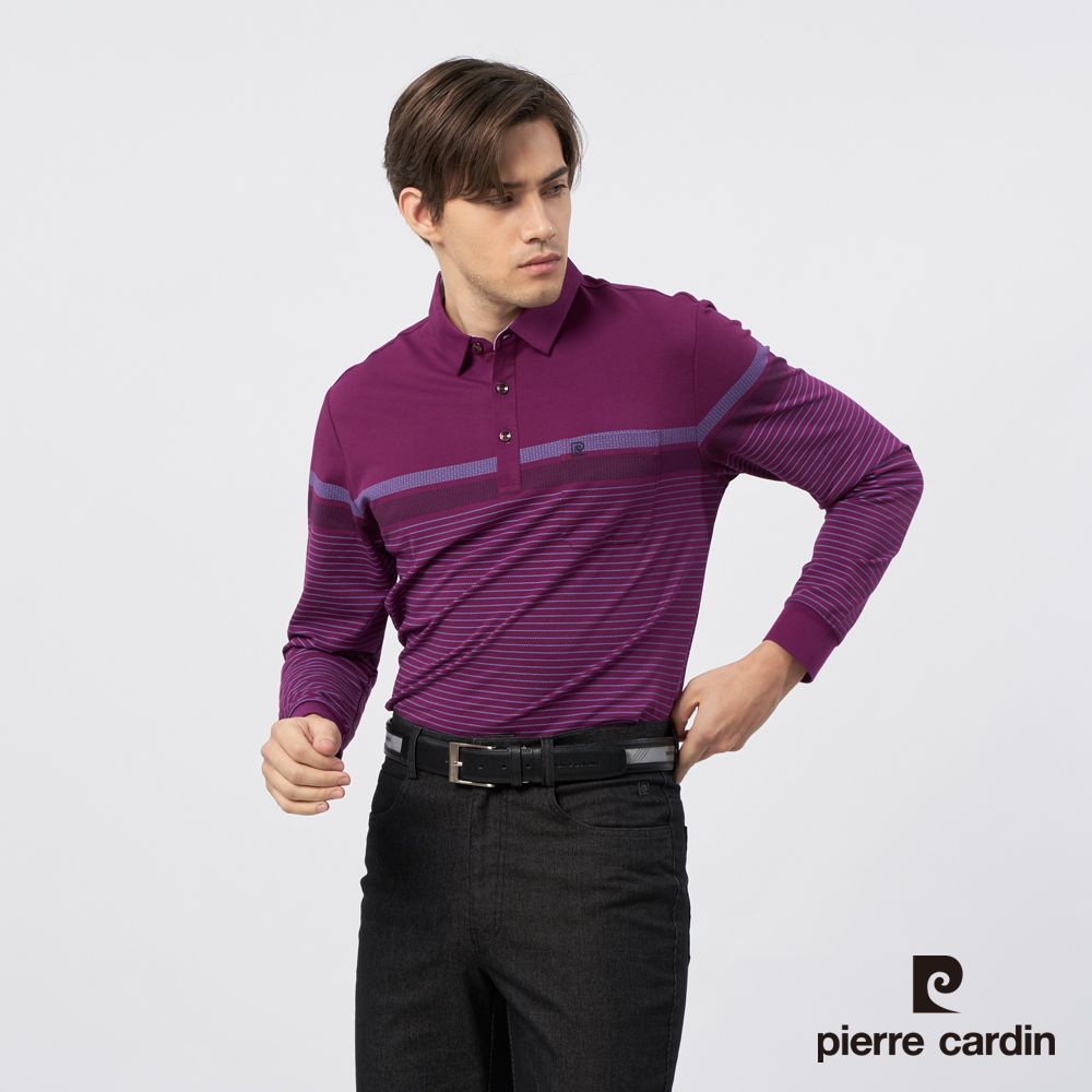 Pierre Cardin 皮爾卡登 男裝 定位橫條印花長袖POLO衫-紫紅色 (5235261-28)