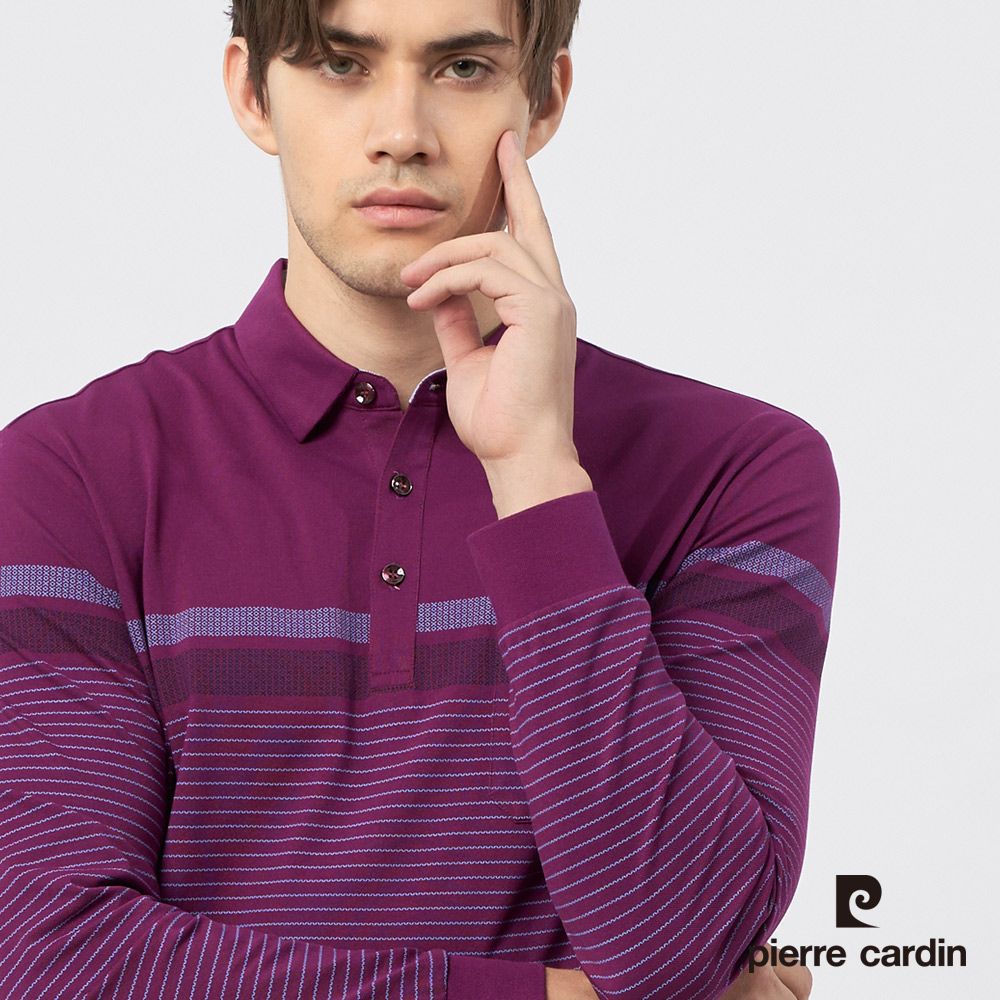 Pierre Cardin 皮爾卡登 男裝 定位橫條印花長袖POLO衫-紫紅色 (5235261-28)